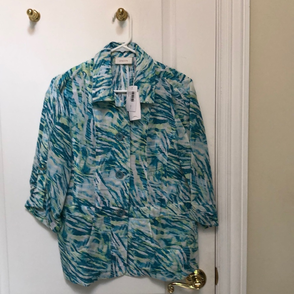 Spring Jacket with shades of blue/green & white.